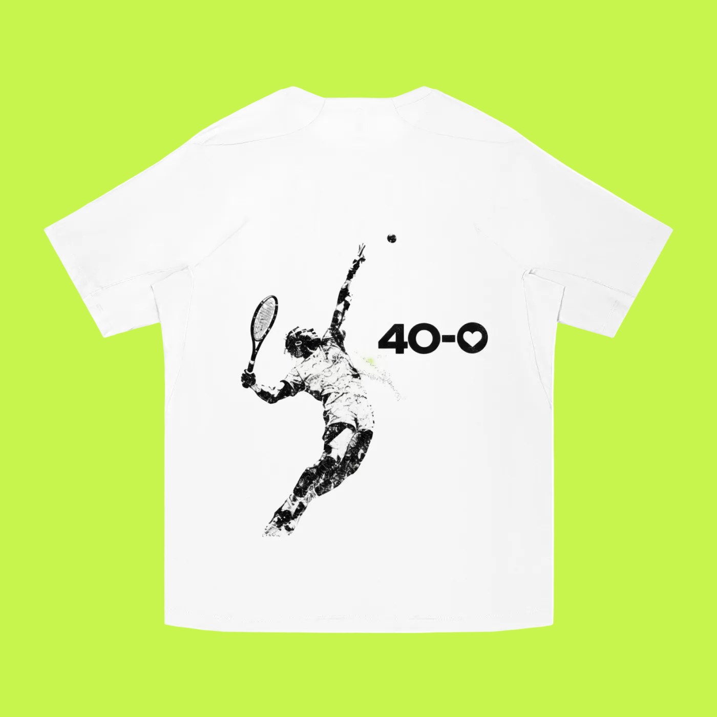 The back of the white tee, 40 to love print across the shoulders